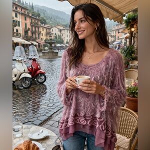 Oversized handmade in Italy lavender oversized fuzzy sweater layered hem sequins